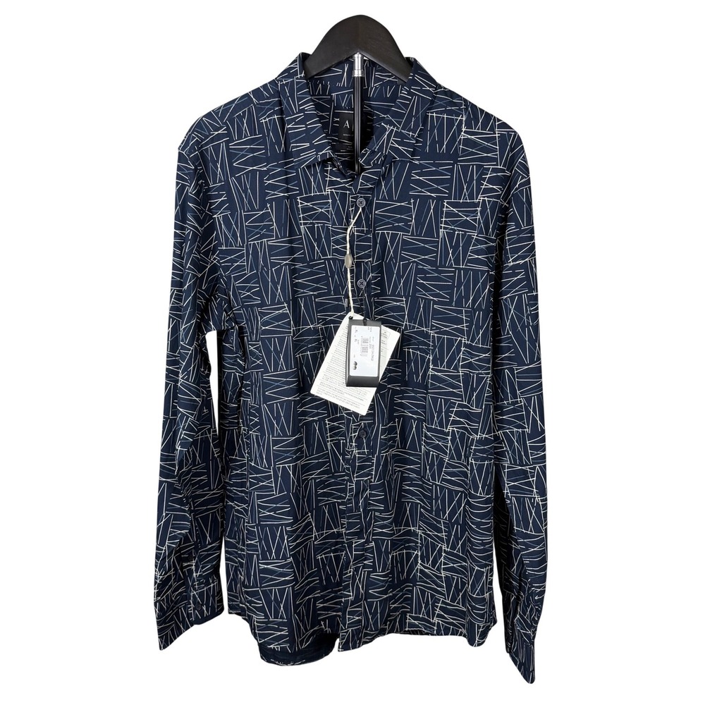 Armani Exchange Mens Slim Fit Geometric Line Print Shirt Navy Blue 6XZC24 ZNI2Z